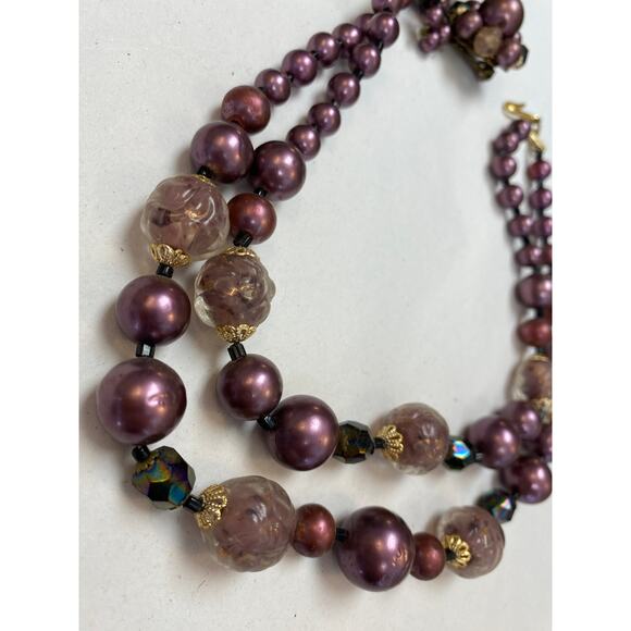 vintage 1950s multi strand purple beaded necklace and earrings, costume jewelry - Picture 8 of 8